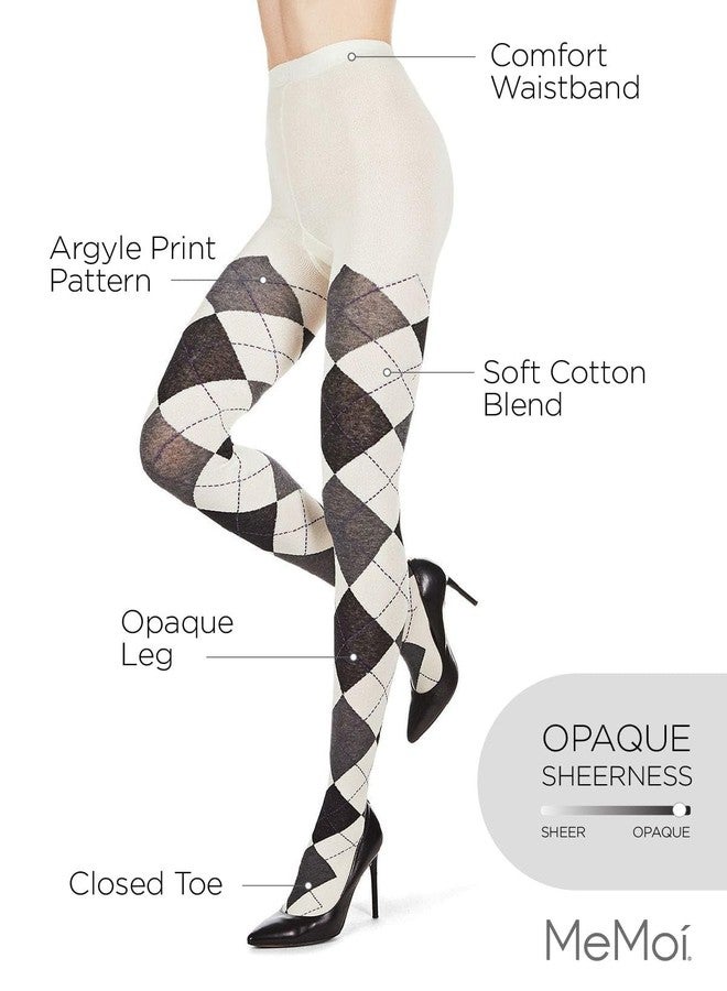 MeMoi Textured Argyle Sweater Tights Winter White Small/Medium - Image 3